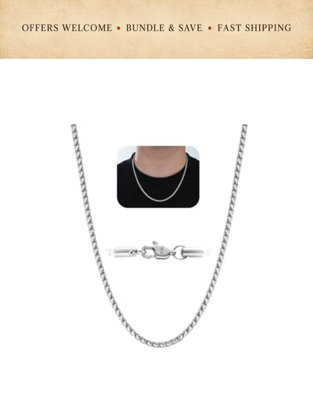 Wheat Chain Necklace 3mm Stainless Steel Lobster Clasp 18-26 Inch